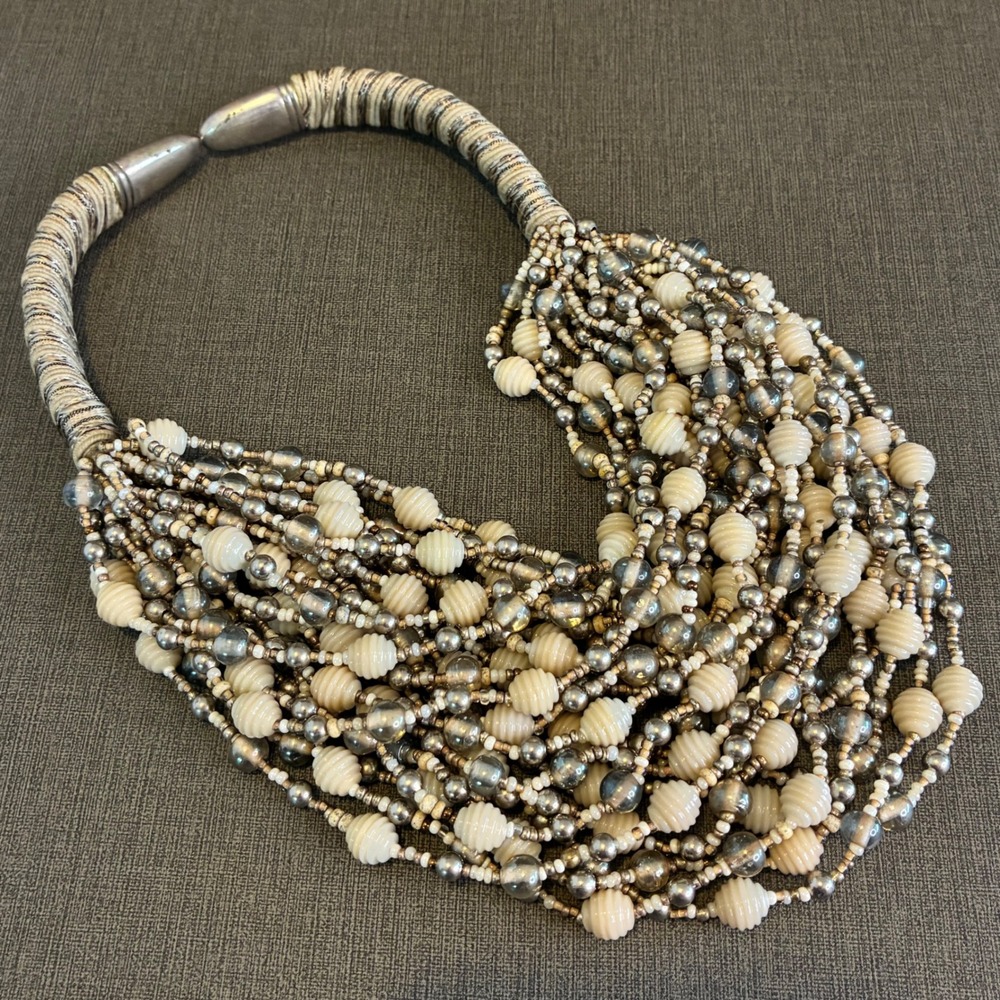 Sterling Silver Multi Strand Statement Necklace Glass Cream Ribbed Bead Bib 16"